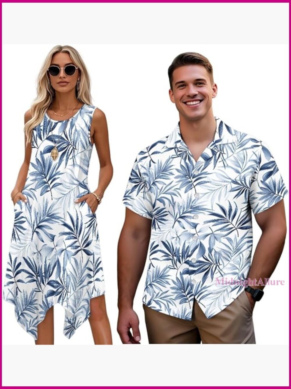Matching Hawaiian Couples Set Women Midi Dress Men Button Up Shirt